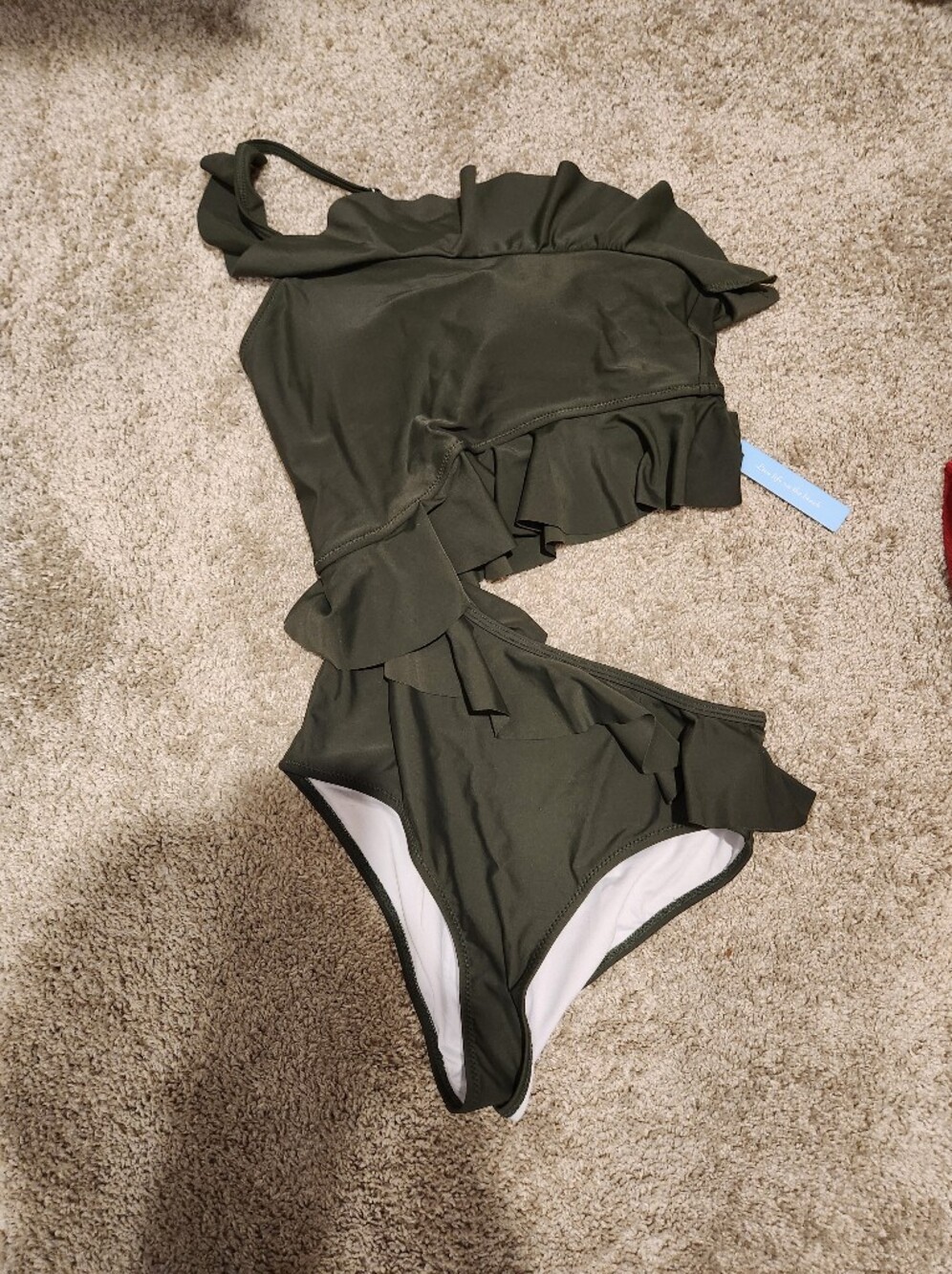 Ruffled Olive Green One-Piece Swim Suit With Cutout